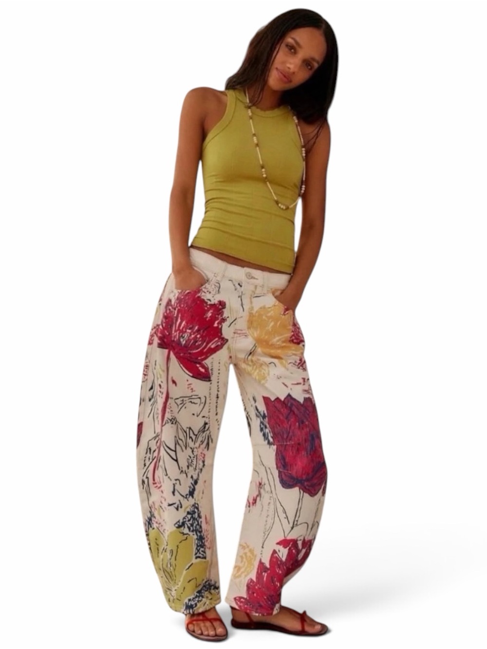 NWT FREE PEOPLE WE THE FREE | GOOD LUCK PRINTED BARREL JEANS SZ: 28 | TULIPS